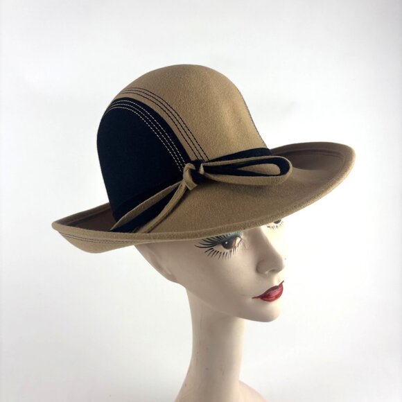Vintage 60s Mod Fedora Womens Nadelle Beige Black Colorblock Furfelt Hat main image 6